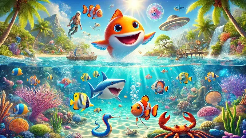 Antarmuka arcade tembak ikan dengan meriam dan target bergerak