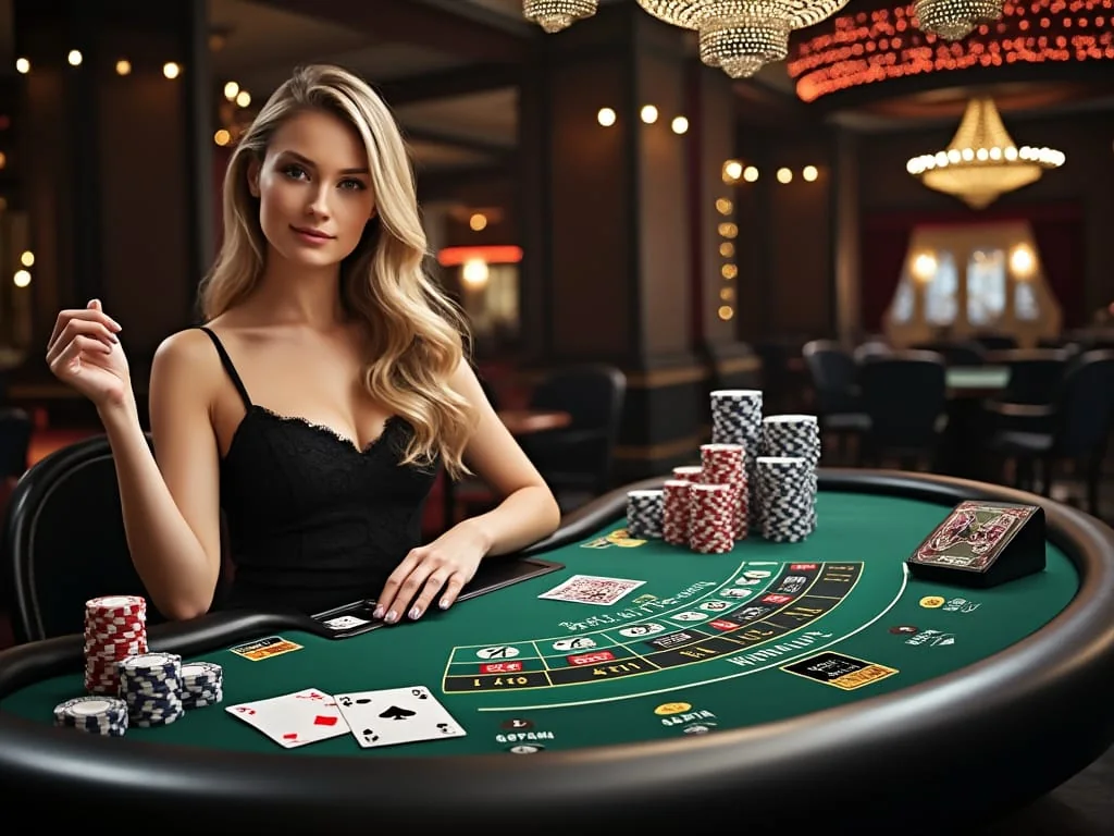 Dealer memandu meja live dengan panel permainan yang terlihat di layar